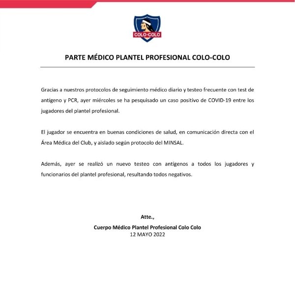 Colo Colo confirma un caso de covid-19 en su plantel.