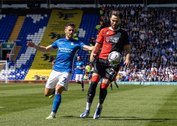 BIRMINGHAM, ENGLAND - MAY 07:Blackburn Rovers' Ben Brereton competing with Birmingham City's Maxime Colin during the Sky Bet Championship match between Birmingham City and Blackburn Rovers at St Andrew's Trillion Trophy Stadium on May 7, 2022 in Birmingham, England. (Photo by Andrew Kearns - CameraSport via Getty Images)-Not Released (NR) World Copyright © 2022 CameraSport. All rights reserved. For editorial use only. Contact CameraSport direct for any other use. All usage chargeable