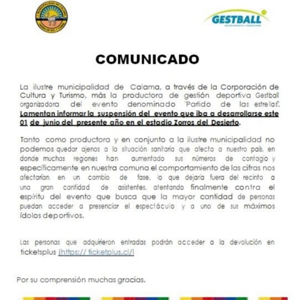 La Ilustre Municipalidad de Calama junto a Gestball anunciaron la suspensión del &quot;partido de las estrellas&quot; para inaugurar el estadio Zorros del Desierto. | Foto: Gestball