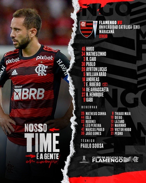 La formación del Flamengo para enfrentar a Universidad Católica.