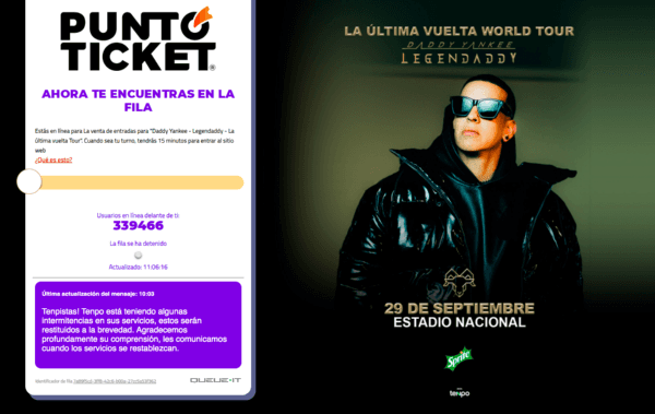 Colapso en la preventa de entradas para Daddy Yankee en Chile.(Foto: PuntoTicket)