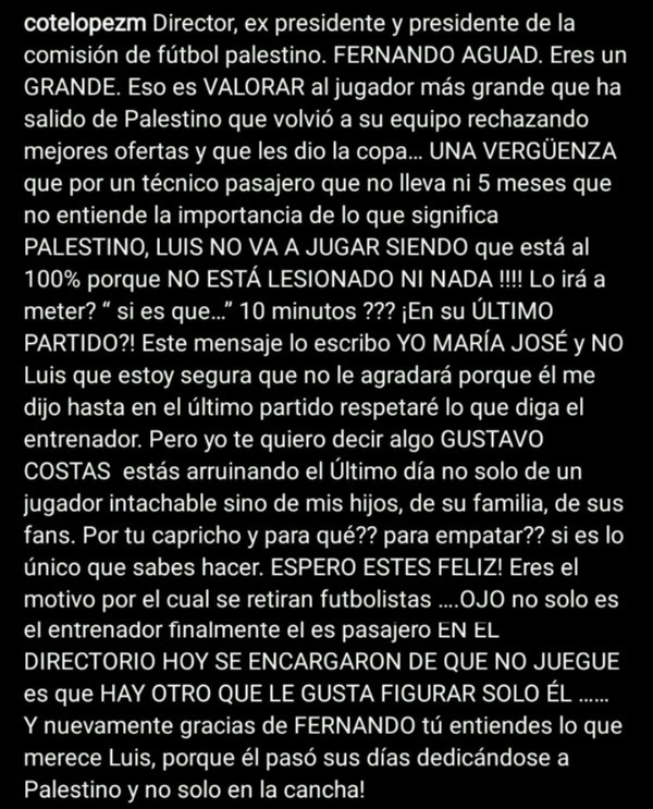 El mensaje de Cote López en redes sociales.