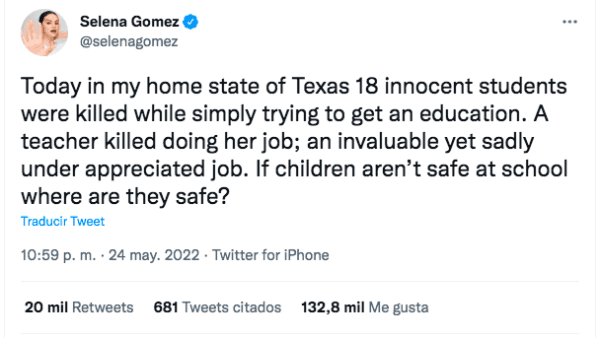 Selena Gómez critica autoridades tras fatal tiroteo en escuela.(Foto: Twitter)