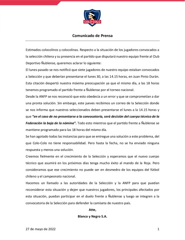 Colo Colo contesta con comunicado a Cagigao por la polémica entre la selección chilena y el partido ante Ñublense.