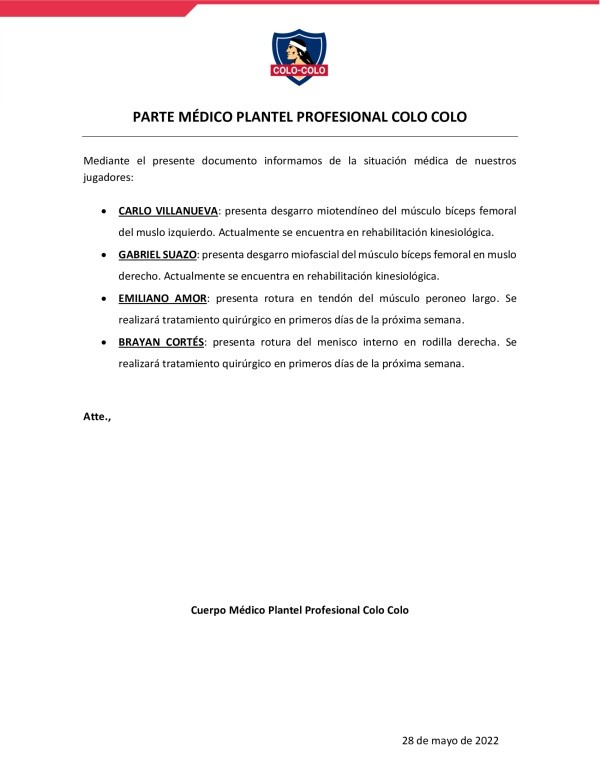 El parte médico publicado por Colo Colo.