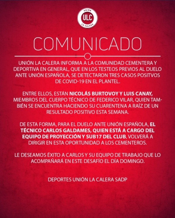 Comunicado de Unión La Calera sobre nuevos casos de covid en el plantel.