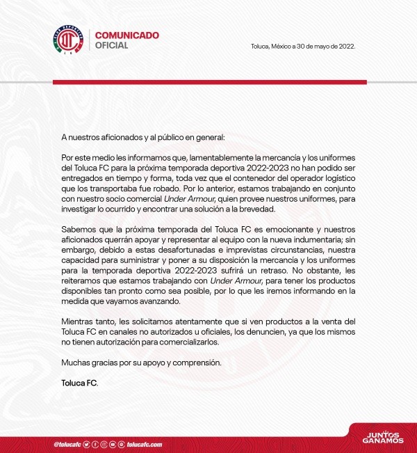 El comunicado oficial de Toluca sobre esta situación.