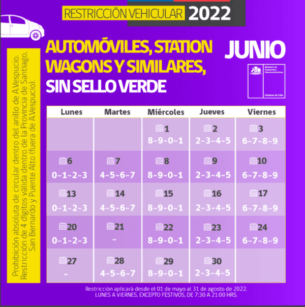 Calendario restricción vehicular para autos sin sello verde durante junio.