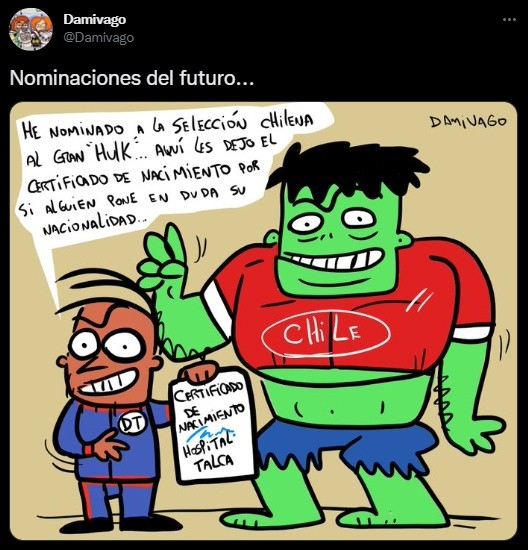 Humorista gráfico nomina a Hulk a la Roja con certificado de nacimiento en mano a propósito del fallo de la FIFA por Byron Castillo en Ecuador.