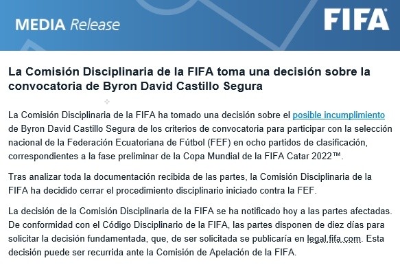 La comunicación del histórico fallo de la FIFA por el caso Byron Castillo