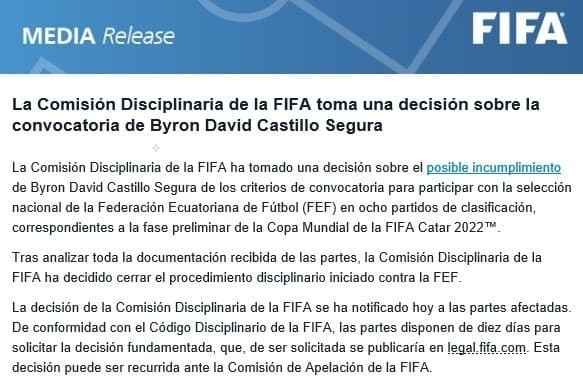 El comunicado de la FIFA sobre el fallo del caso Byron Castillo.