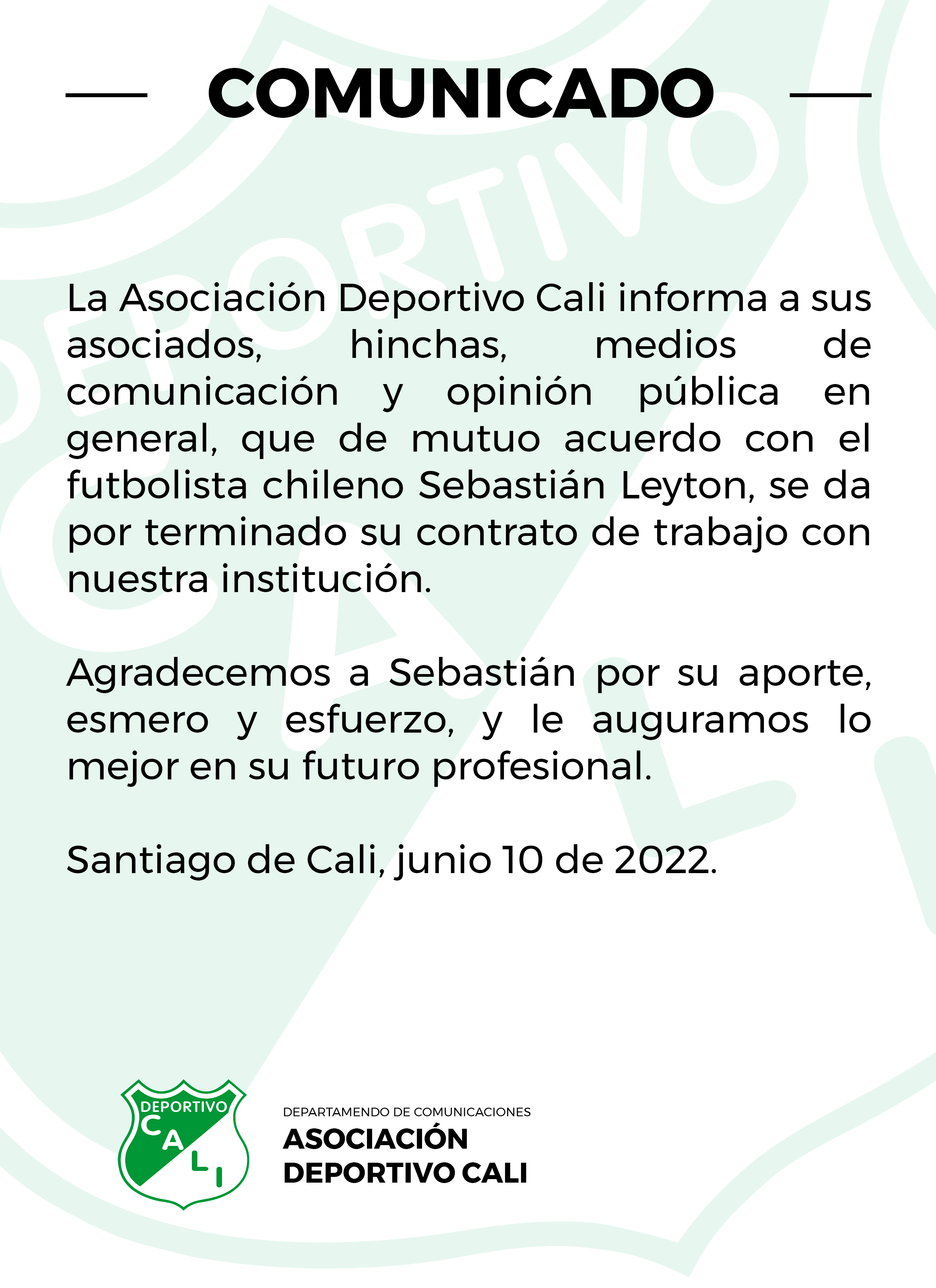 El comunicado del Deportivo Cali.