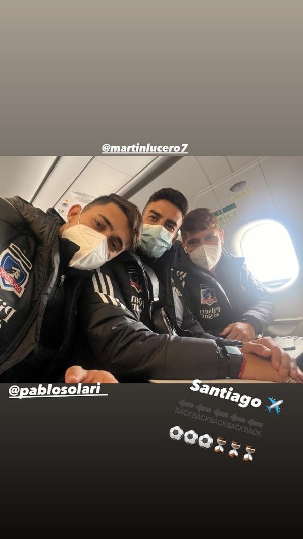 Leo Gil, Solari y Lucero en el viaje de regreso de Colo Colo tras la intertemporada en Argentina.