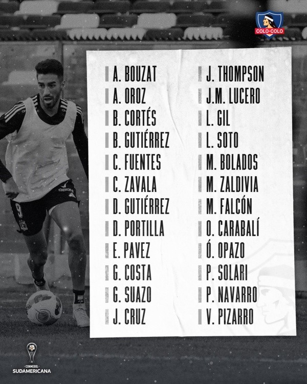 Los citados de Colo Colo para el debut en Copa Sudamericana frente a Internacional de Porto Alegre.