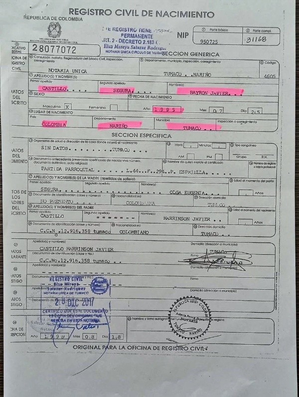 El certificado de nacimiento de Bayron Javier Castillo Segura emitido por el Registro Civil de Colombia