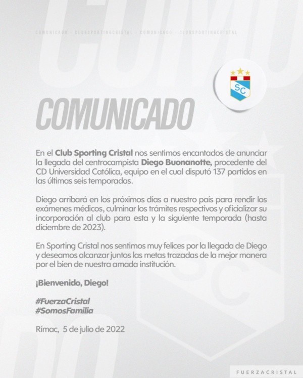 Sporting Cristal le da la bienvenida a Buonanotte.