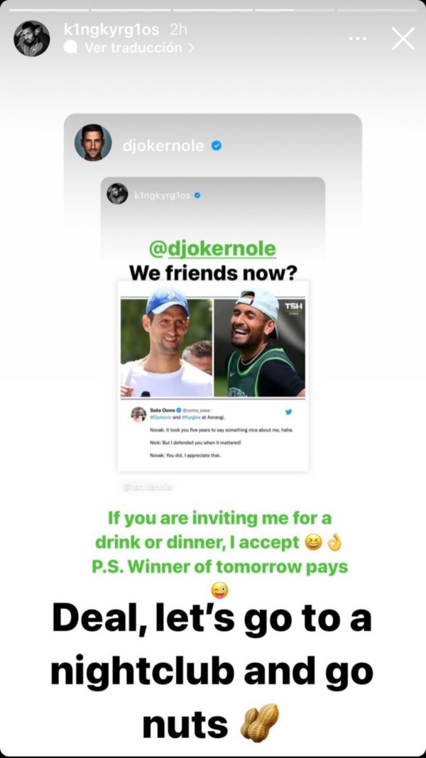 El intercambio de mensajes entre Kyrgios y Djokovic.