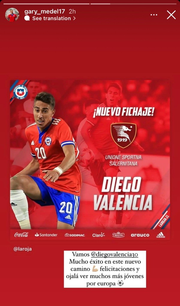 Gary Medel le desea éxito a Diego Valencia