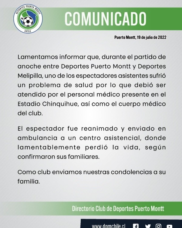 Comunicado de Deportes Puerto Montt tras fallecimiento de uno de sus hinchas en la cancha.