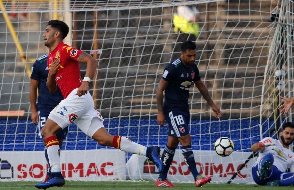Tobías Figueroa marcó el gol con el que Unión Española venció 2-1 a la U el 4 de febrero del 2018 en la primera fecha del Campeonato Nacional. | Foto: Agencia Uno