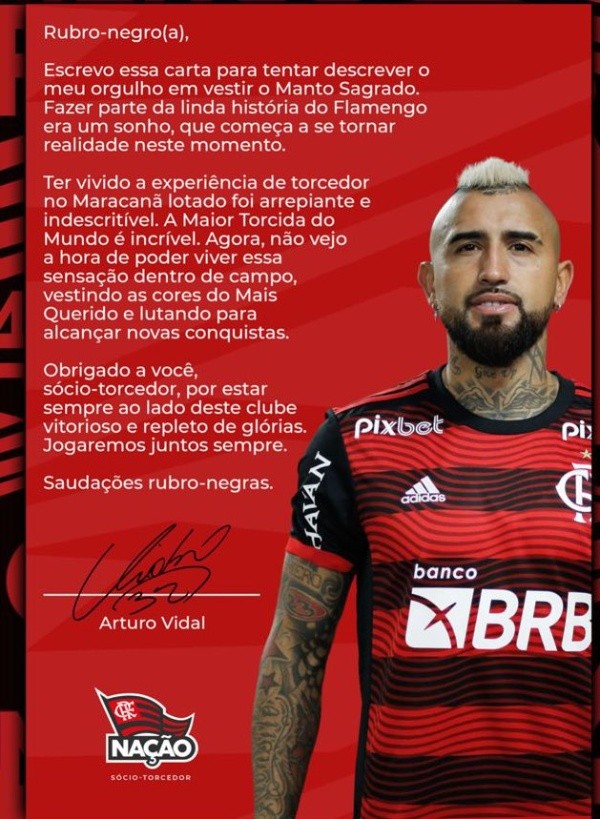 La carta de Arturo Vidal a los hinchas del Flamengo.