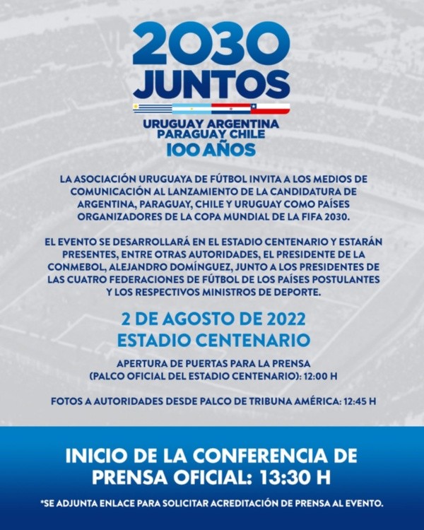 La invitación de la Asociación Uruguaya de Fútbol para lanzar el Mundial 2030