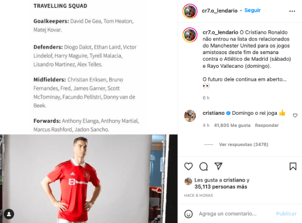 El mensaje de Cristiano Ronaldo asegurando que el domingo vuelve a jugar con el Manchester United. Foto: Instagram