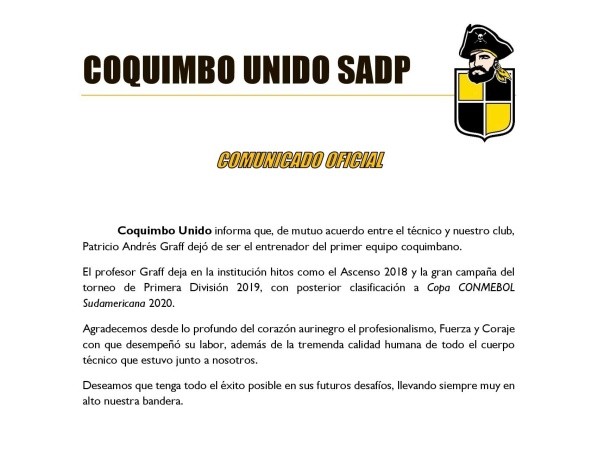 El comunicado de Coquimbo Unido sobre la salida de Patricio Graff.