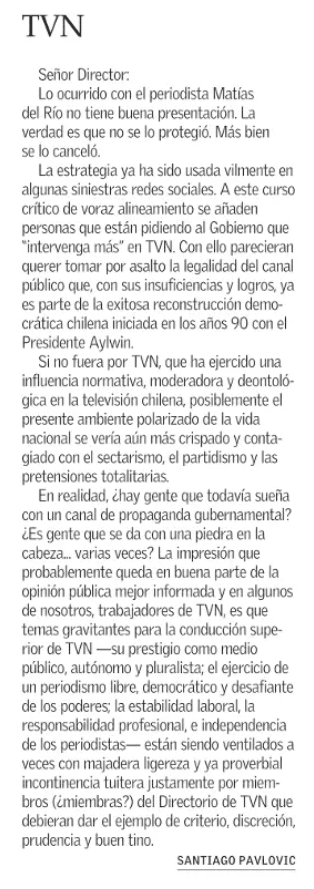 Pavlovic defiende a Del Río y dispara contra TVN.(Foto: El Mercurio)