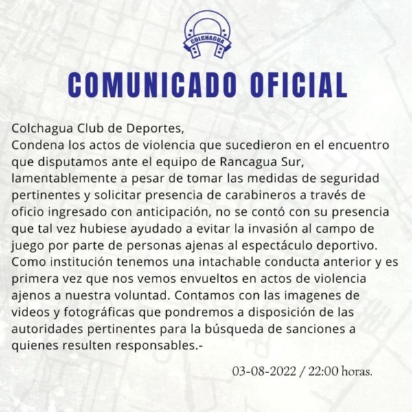 El comunicado de Colchagua tras la pelea con Rancagua Sur.