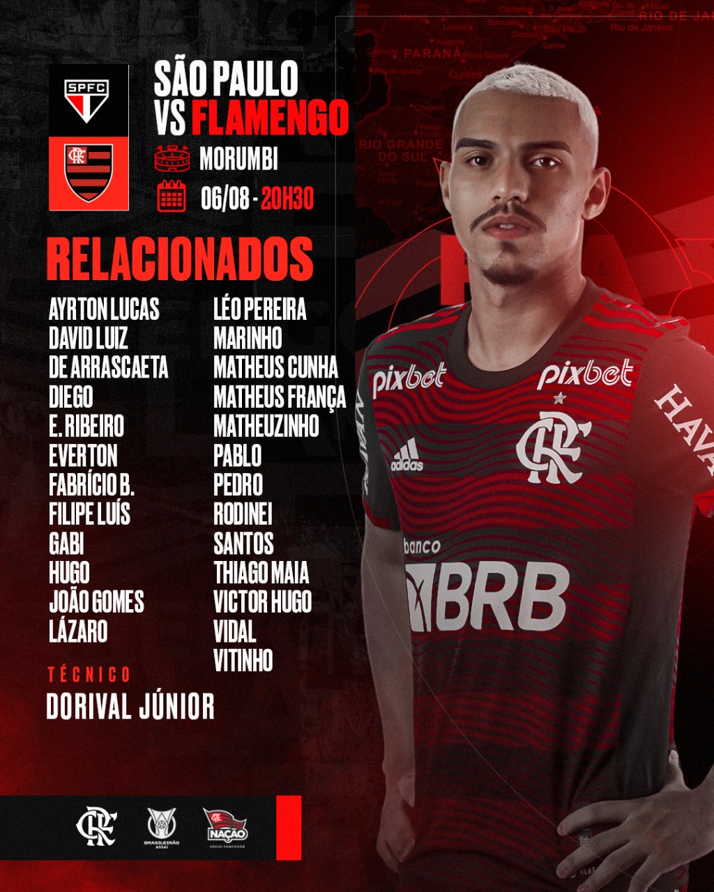 Los citados de Flamengo para visitar a Sao Paulo, sin Pulgar