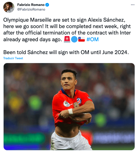 El mensaje de Fabrizio Romano sobre Alexis Sánchez y el Olympique de Marsella.