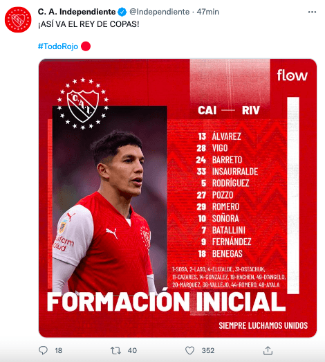 La formación de Independiente para el clásico, con Leandro Benegas de titular.