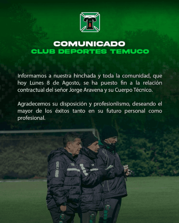 El comunicado de Deportes Temuco sobre la salida de Jorge Aravena.
