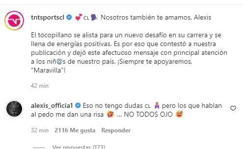 El comentario de Alexis Sánchez en el Instagram de TNT Sports.
