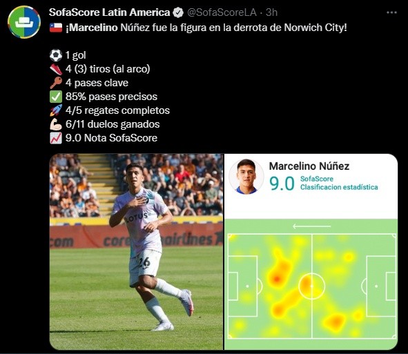 Marcelino Núñez  y diez más: el chileno la rompió pese a la derrota del Norwich.