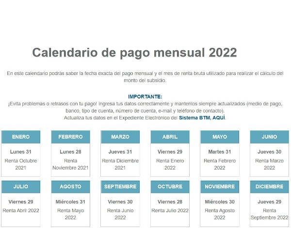 Calendario de pago mensual BTM 2022
