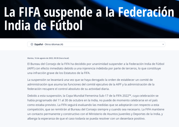 Así comunicó la FIFA la suspensión de India.