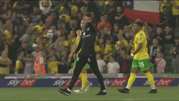 Hasta banderas chilenas se hicieron presente en el estadio del Norwich para apoyar a Marcelino Núñez. Foto: Sky Sport.