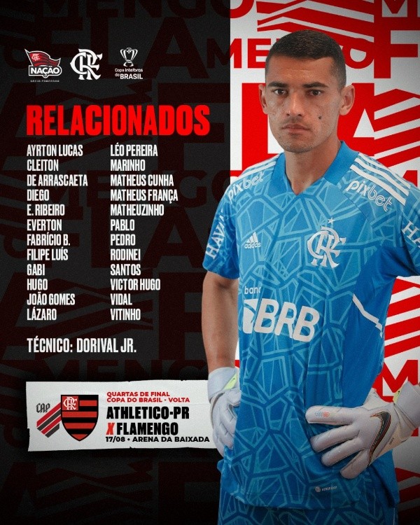 Los citados del Flamengo para el choque con el Athletico Paranaense este miércoles por Copa do Brasil.