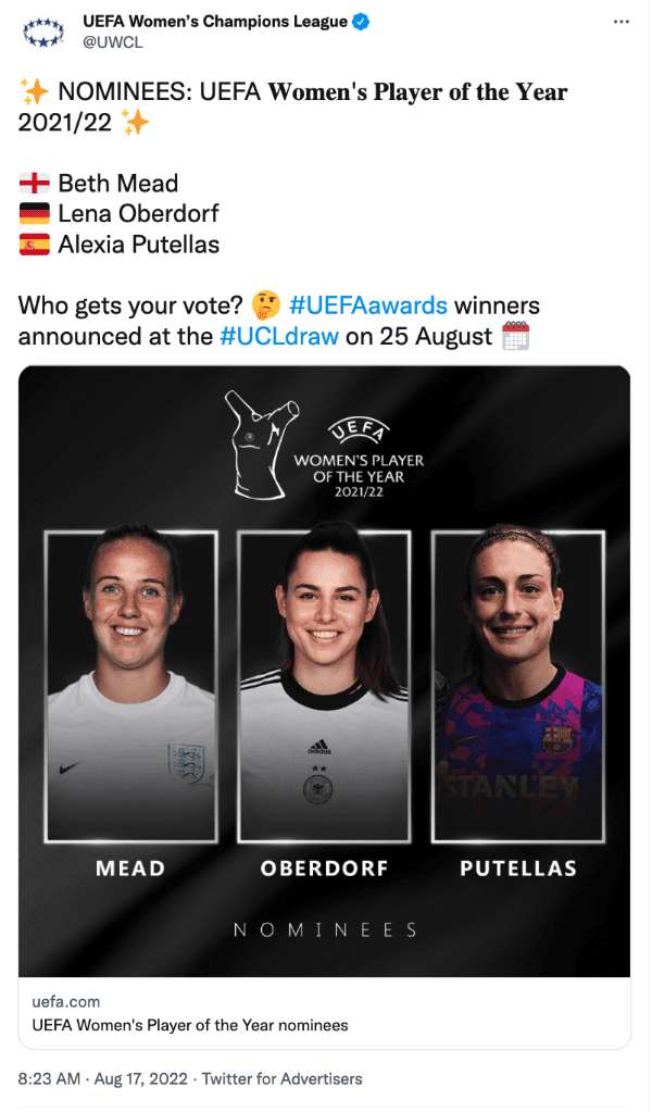 El top 3 de la UEFA lo componen Beth Mead, Alexia Putellas y Lena Oberdorf.