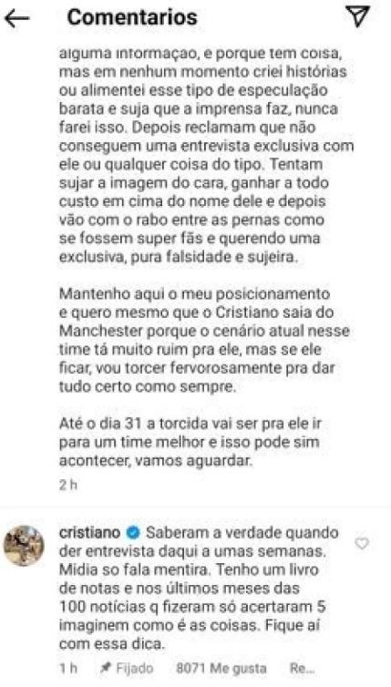 La respuesta de Cristiano Ronaldo en Instagram