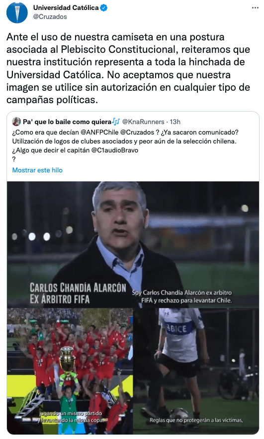 La declaración de la UC por aparición de su camiseta en campaña de Carlos Chandía.