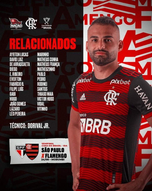 Los citados del Flamengo para el duelo con Sao Paulo por las semifinales de la Copa do Brasil.