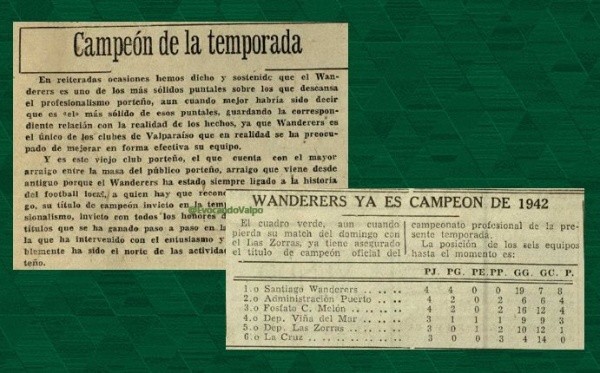 Recortes de la época con Santiago Wanderers campeón de la Asociación Porteña de Fútbol Profesional y hoy oficialmente del fútbol chileno.