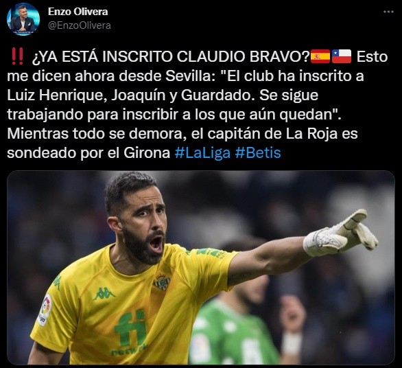 Malas noticias sobre Bravo desde España: Enzo Olivera informa que Bravo sigue fuera de inscripción en el Betis.