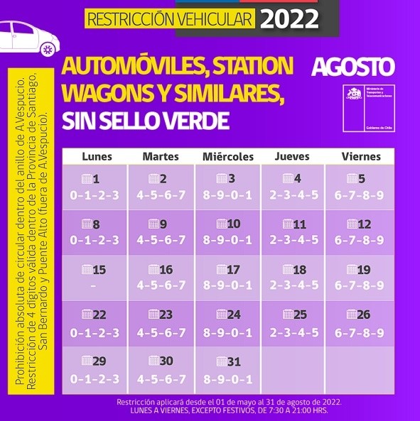 Restricción vehículos Sin Sello Verde Agosto 2022