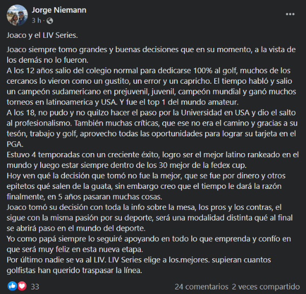 Jorge Niemann defiende a su hijo Joaquín Niemann