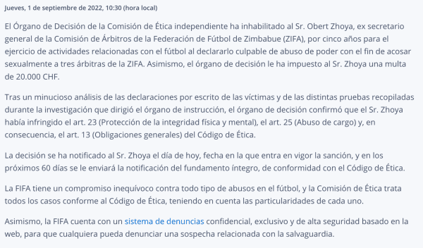 El comunicado de la FIFA sobre el caso de acoso sexual en Zimbabue. (Captura)