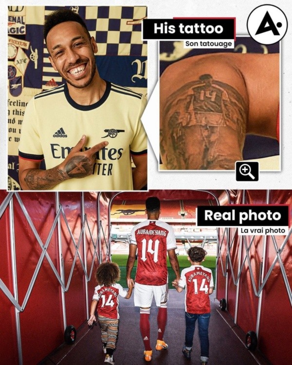 El tatuaje que Aaubameyang lleva en su piel en honor al Arsenal. ¿Le gustará a los hinchas del Chelsea? | Foto: Facebook Arsenal News 360
